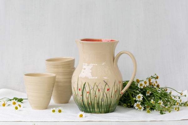 Ceramic Pitcher Handmade for Water Wine Flower Hand Painted Housewarming Gift